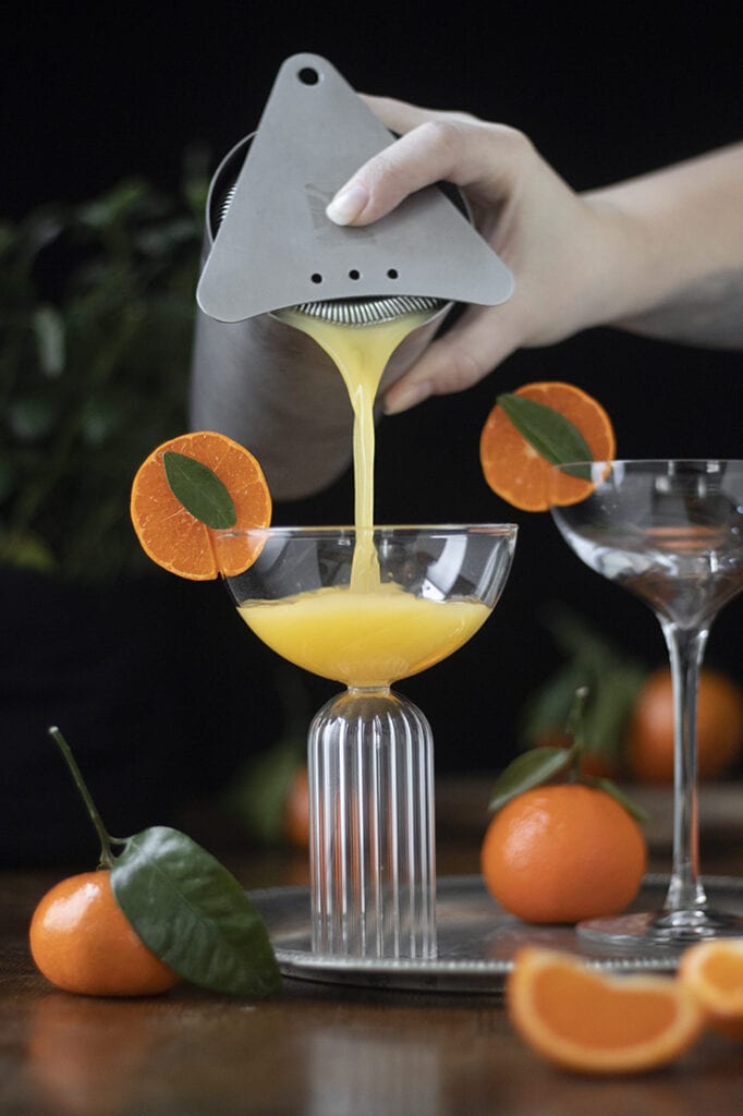 pouring a mandarin gin sour into a coupe glass from a cocktail shaker.