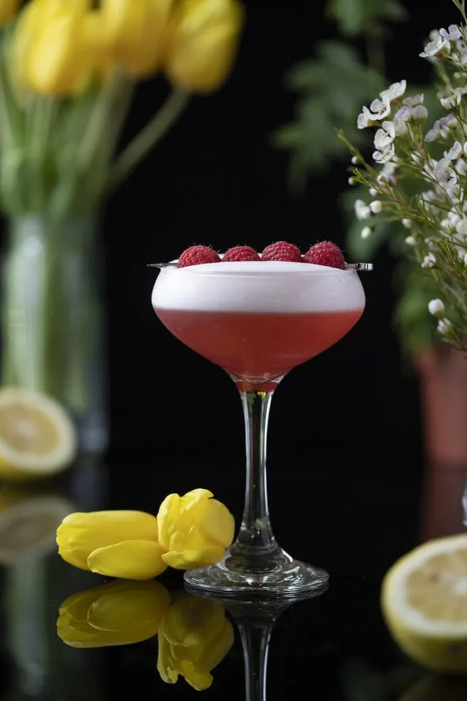 red cocktail in a coupe glass with yellow tulips 