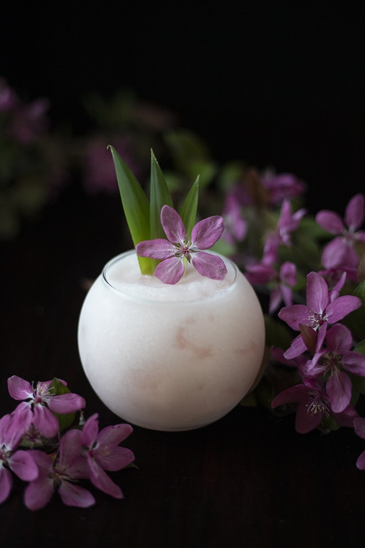 a pale pink drink in a round tumbler garnished with pink apple blossoms.