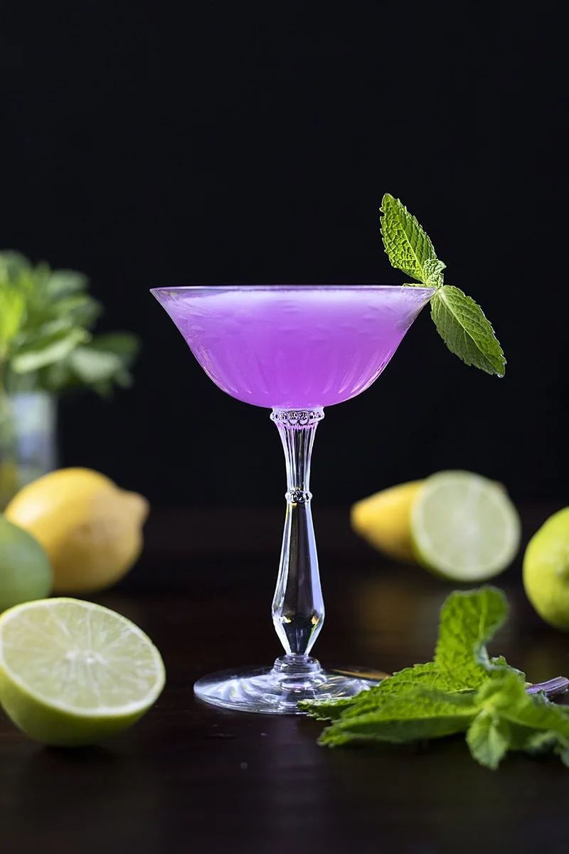 purple cocktail with citrus fruits