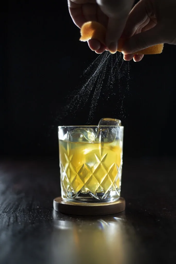 oils from an orange peel spraying onto a cocktail.