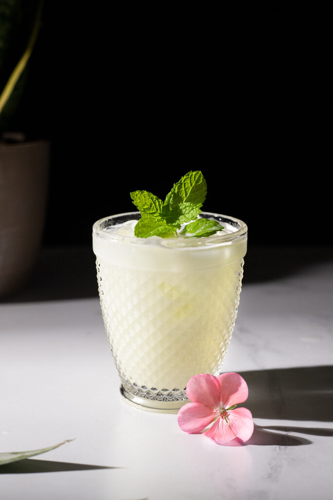 white drink on the rocks with a sprig of mint.