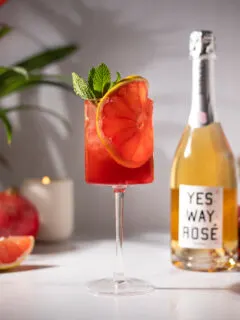 a large wine glass filled with a red drink, grapefruit slice and mint leaves.