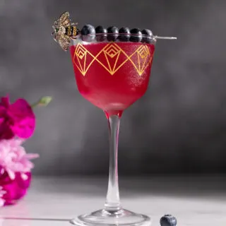 a red cocktail in a fancy stemmed glass garnished with blueberries.