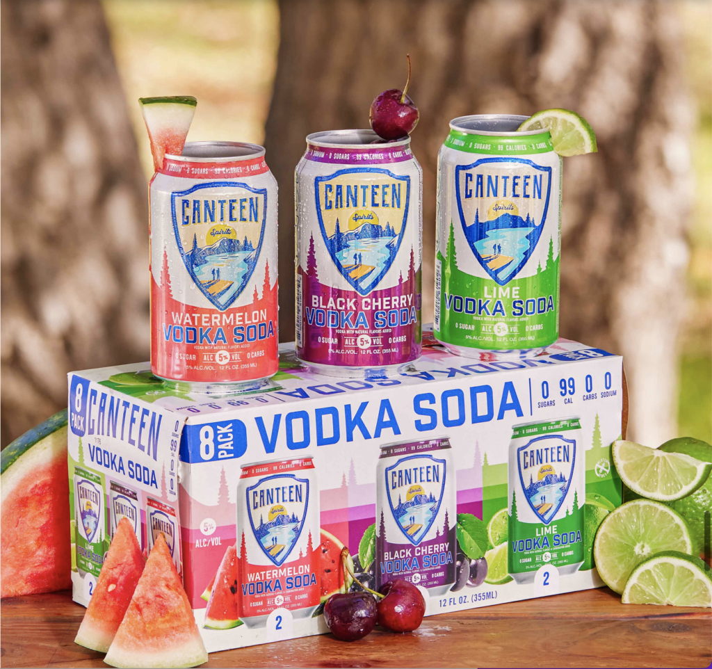  Canteen Vodka Soda packaging box with three cans on top surrounded by fruit.